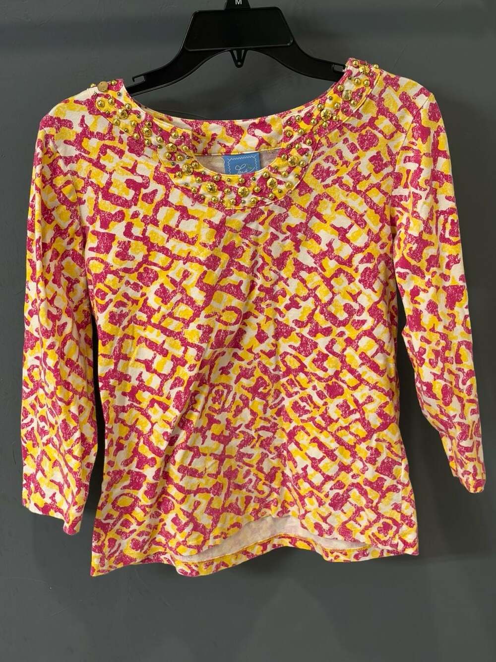 Lark Lane Women's 3/4 Sleeve Top with Gold Stud Embellished Neckline, Size M